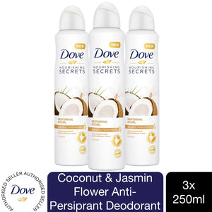 3pk 250ml Dove Coconut & Jasmin Flower Anti-Perspirant Deodorant Aerosol